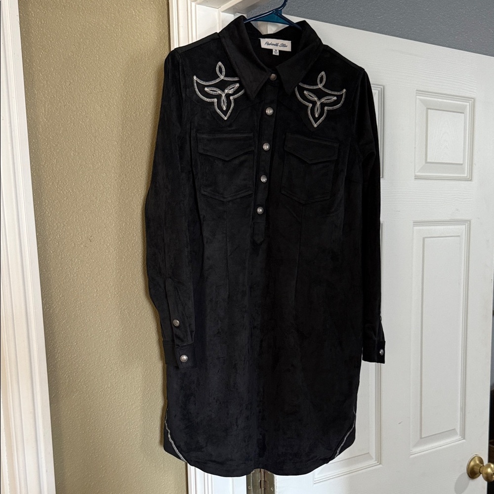 Panhandle Slim Black Microseude Western Dress with Embroidery